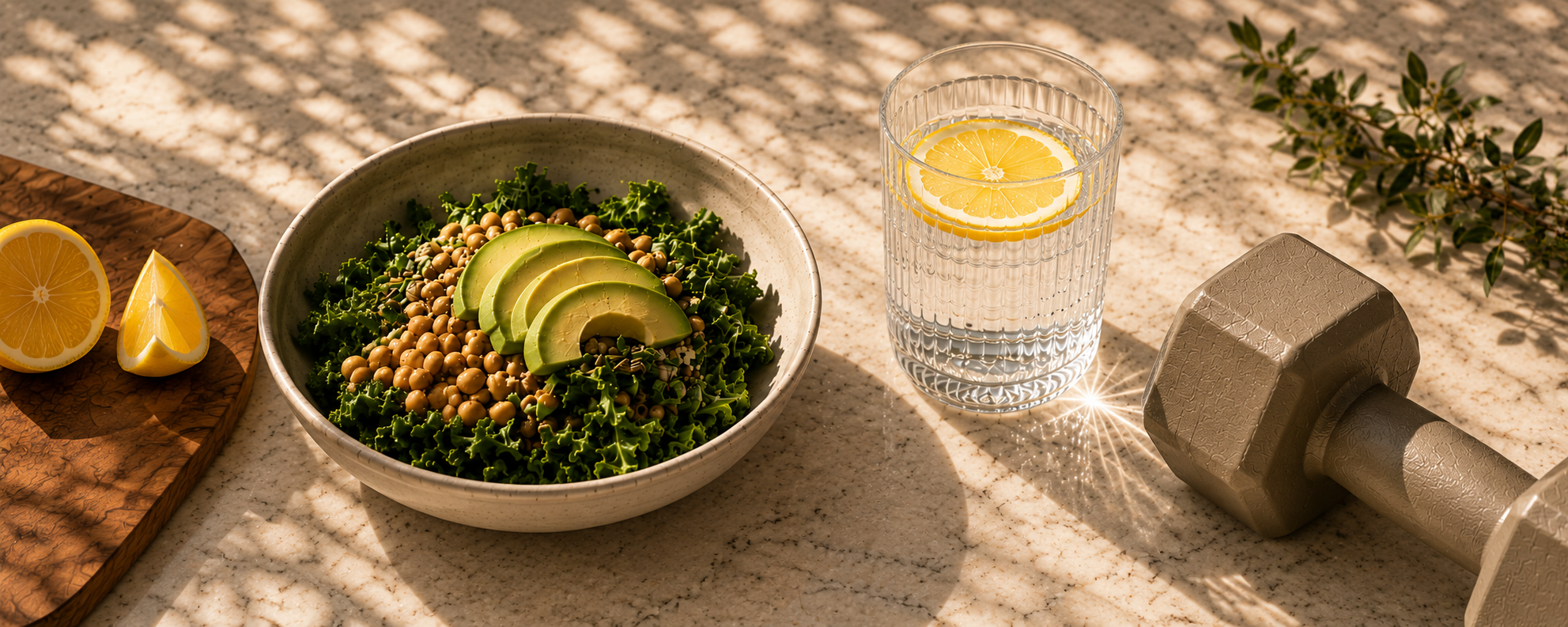 Fresh salad, lemon water, and a dumbbell in warm natural light