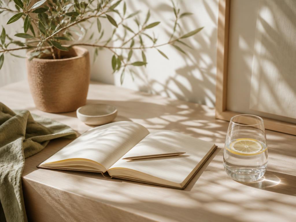 An open journal, pen and glass of water on a sunlit desk