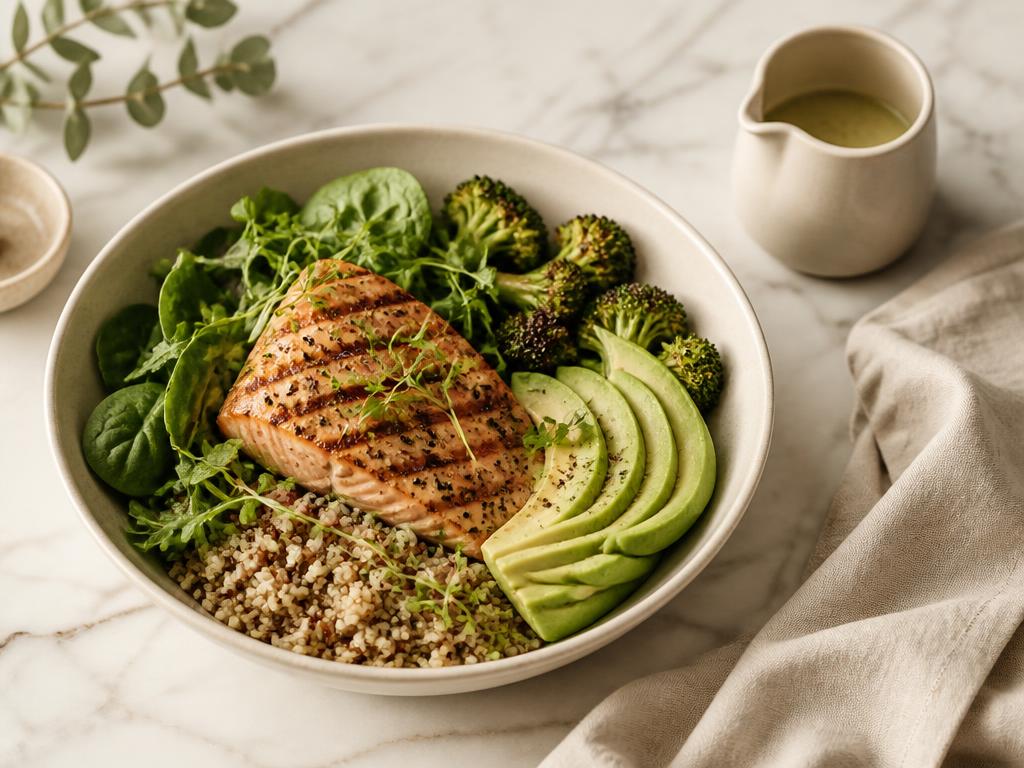 A nourishing bowl with salmon, avocado, greens and grains